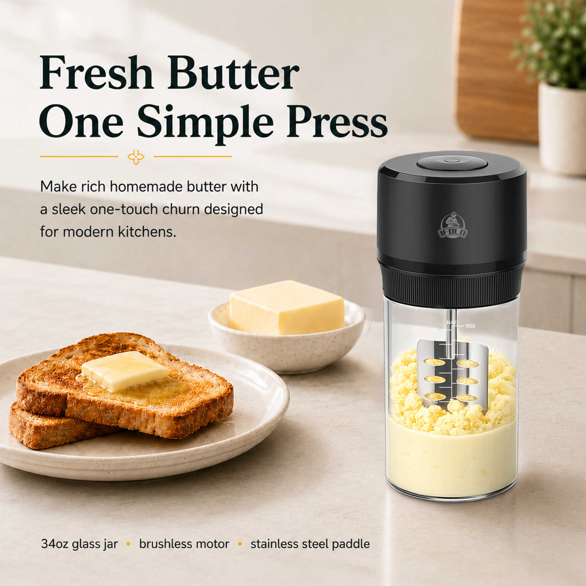 IFOLO One-Touch Electric Butter Churner with Borosilicate Jar | 34oz clear jar with scale lines; makes fresh homemade butter in 5-10 minutes.