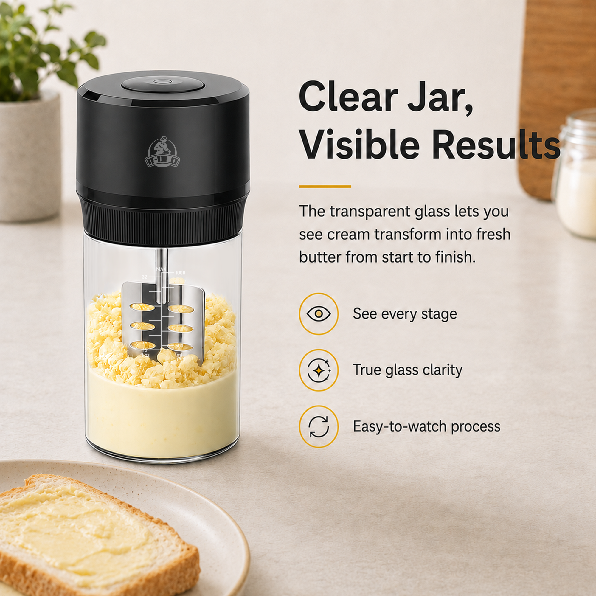 IFOLO One-Touch Electric Butter Churner with Borosilicate Jar | 34oz clear jar with scale lines; makes fresh homemade butter in 5-10 minutes.