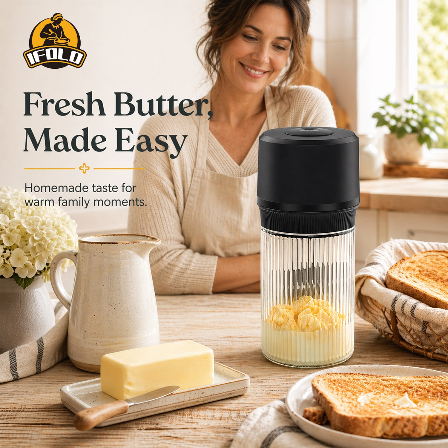IFOLO Electric Butter Churn – Fresh Butter in Minutes with One Touch (Ribbed Glass Jar)