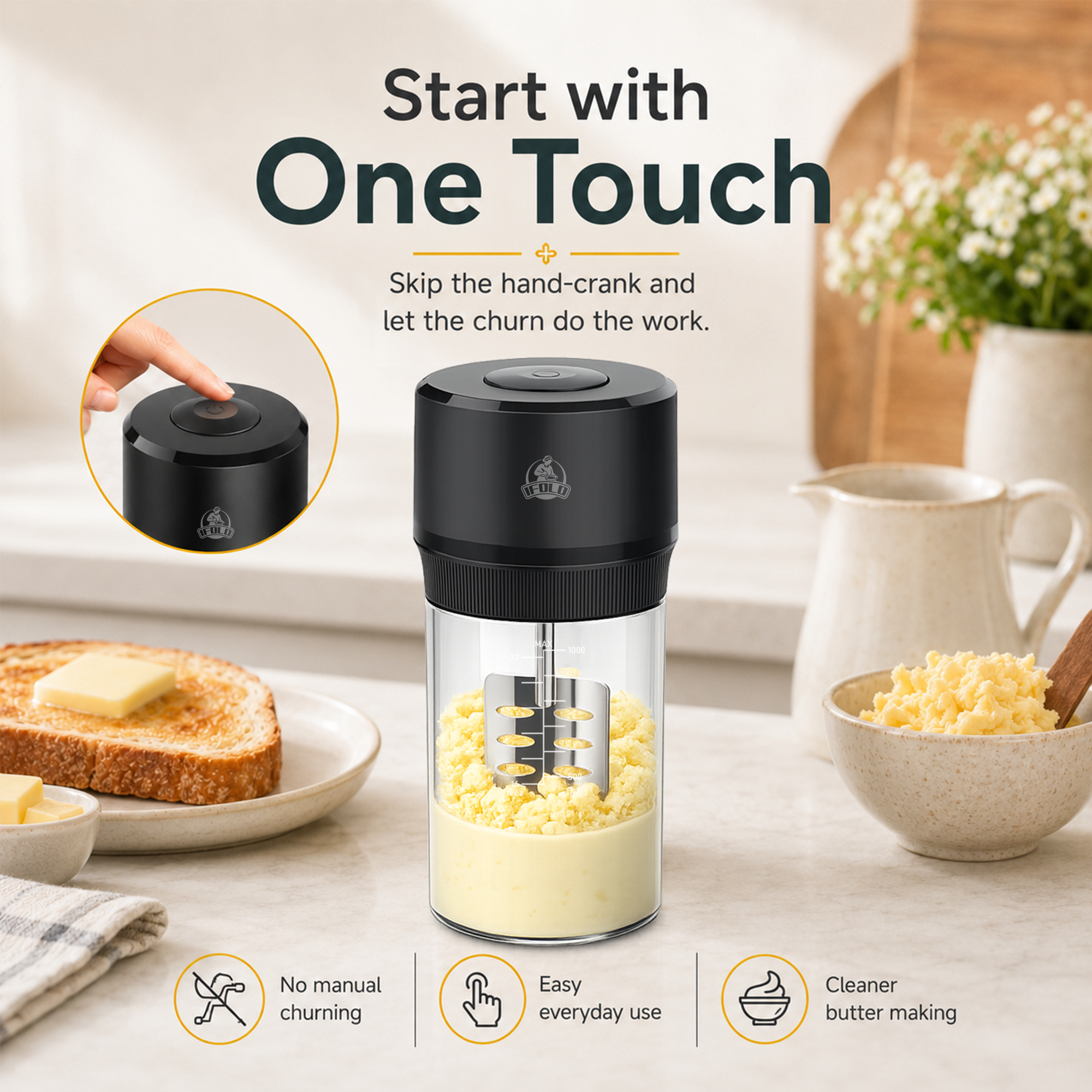 IFOLO One-Touch Electric Butter Churner with Borosilicate Jar | 34oz clear jar with scale lines; makes fresh homemade butter in 5-10 minutes.