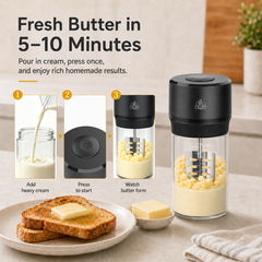 IFOLO One-Touch Electric Butter Churner with Borosilicate Jar | 34oz clear jar with scale lines; makes fresh homemade butter in 5-10 minutes.