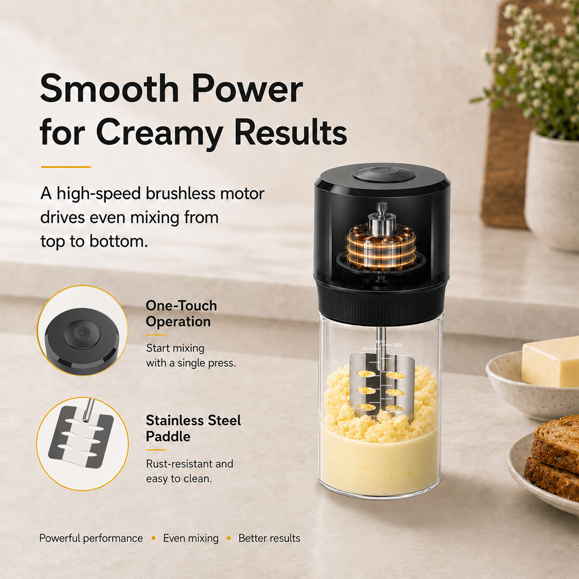 IFOLO One-Touch Electric Butter Churner with Borosilicate Jar | 34oz clear jar with scale lines; makes fresh homemade butter in 5-10 minutes.