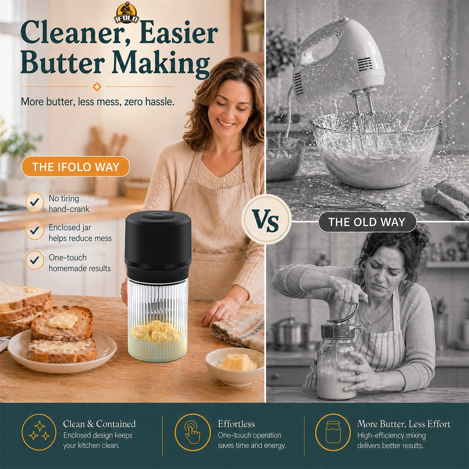 IFOLO Electric Butter Churn – Fresh Butter in Minutes with One Touch (Ribbed Glass Jar)