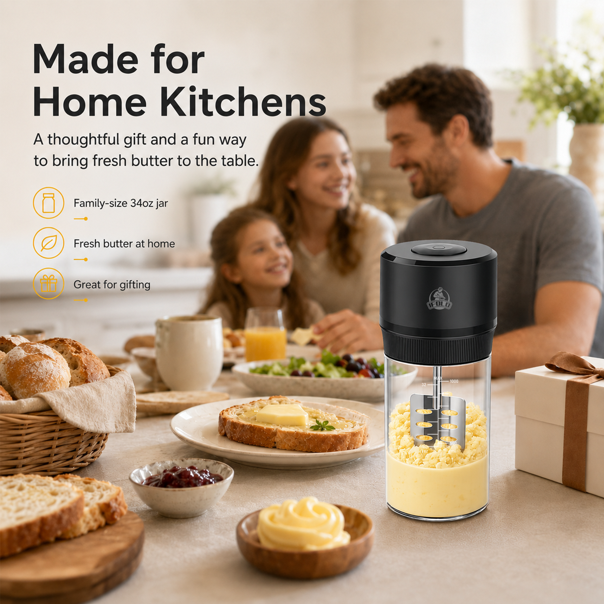 IFOLO One-Touch Electric Butter Churner with Borosilicate Jar | 34oz clear jar with scale lines; makes fresh homemade butter in 5-10 minutes.